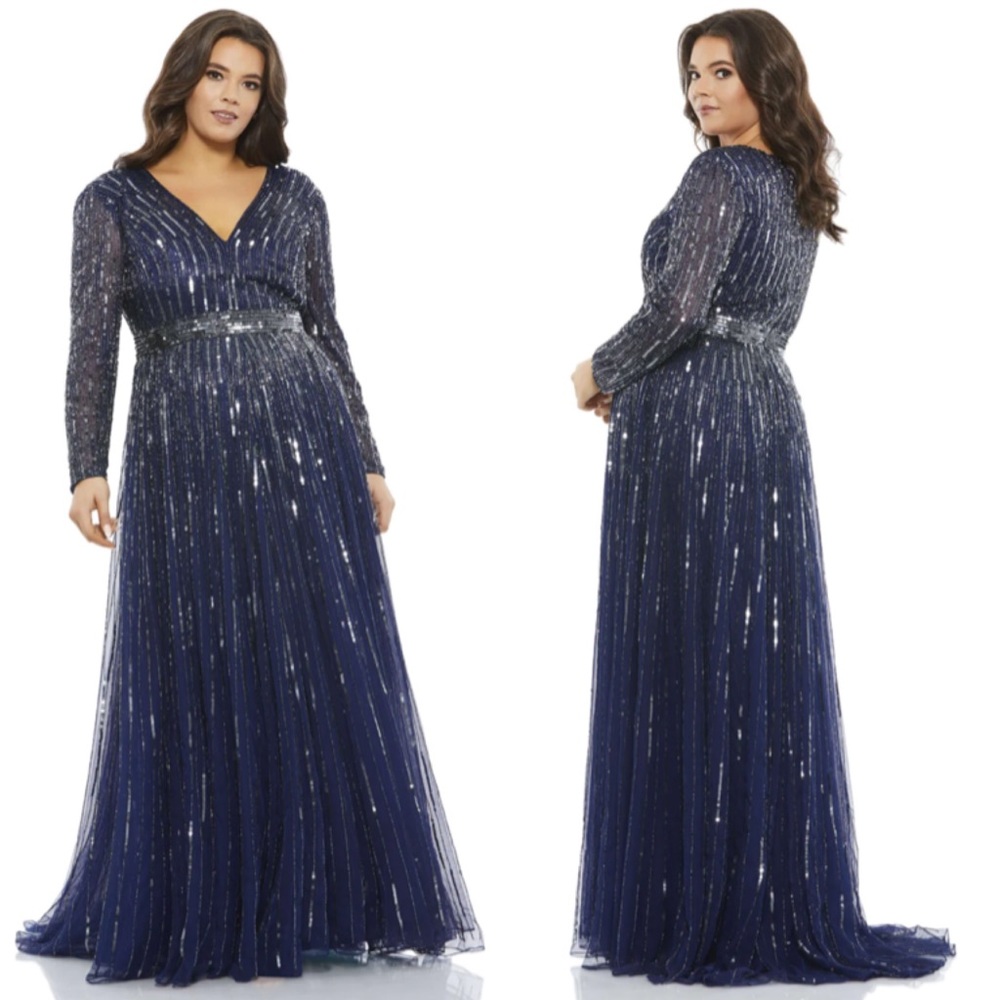 Mac Duggal Embellished Illusion Long Sleeve A Line Gown 22W Midnight Blue NWT